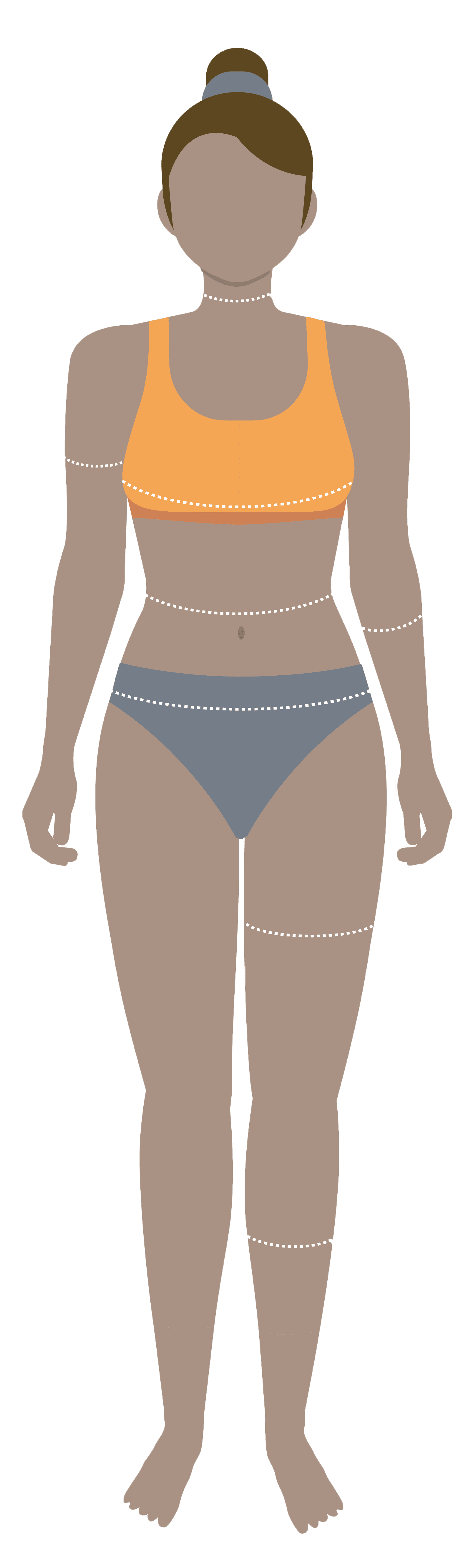 drawing of a woman wearing athletic bra and bathing suit bottoms for body scan